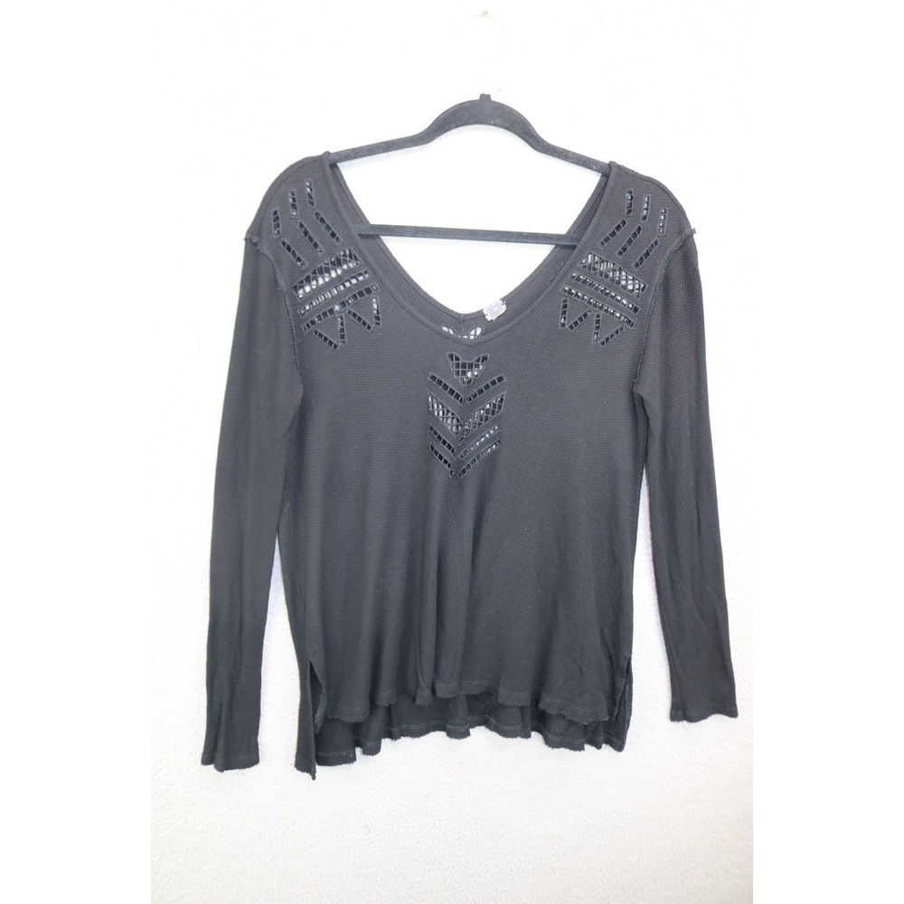 We The Free Black Moonrise Cutwork Long Sleeve Waffle Knit Top-Large-Goth